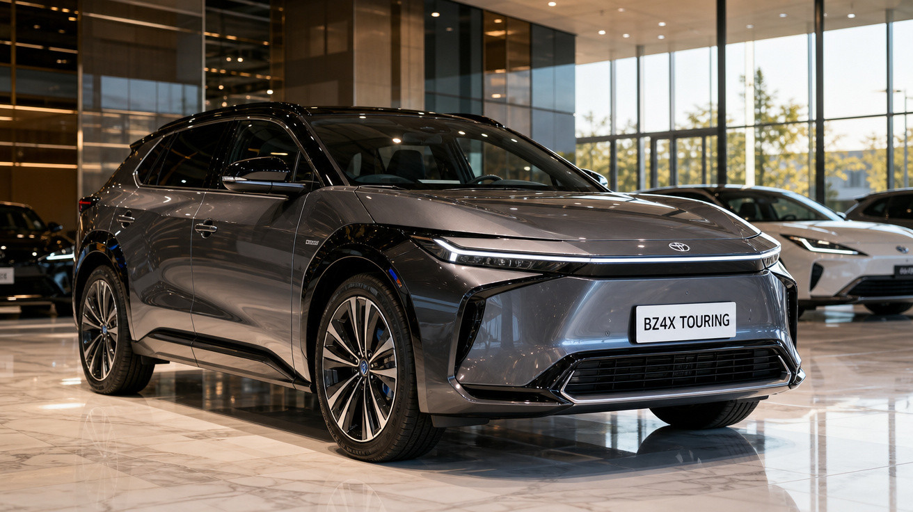 Carro elétrico cinza Toyota BZ4X Touring exibido em showroom com piso de mármore e iluminação suave.