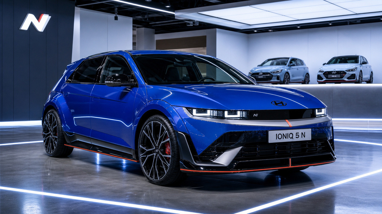 Carro azul Hyundai Ioniq 5 N exibido em showroom moderno com iluminação de LED.