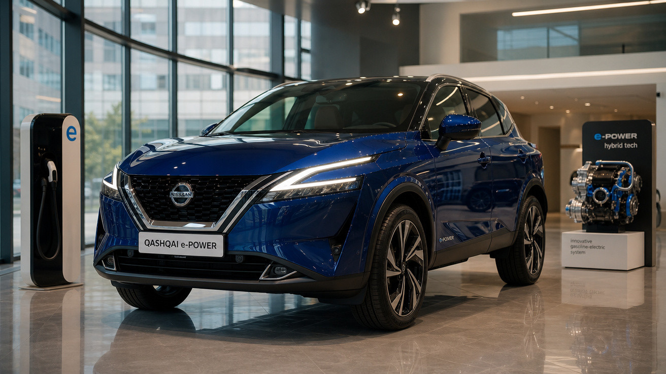 Carro SUV Nissan Qashqai e-Power azul elétrico exposto em showroom moderno.