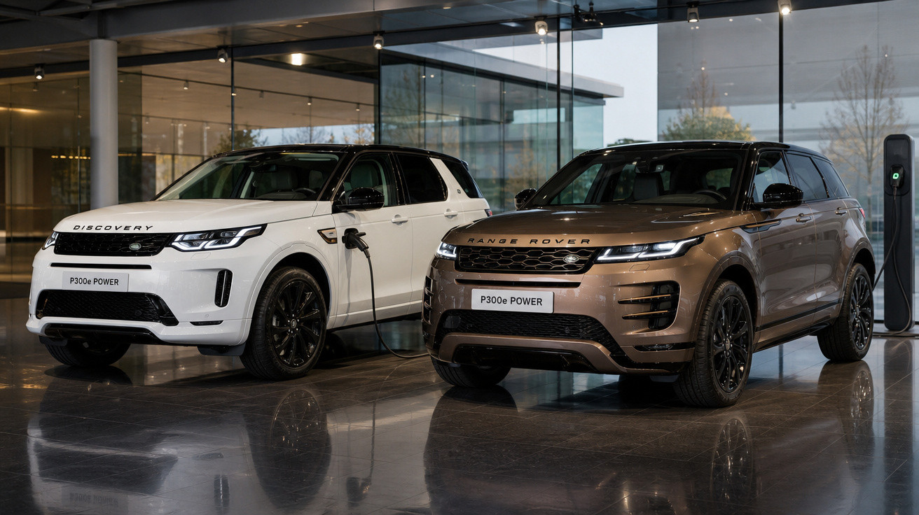 Dois SUVs híbridos elétricos Land Rover P300e Power, branco e marrom, em showroom moderno com vidro.