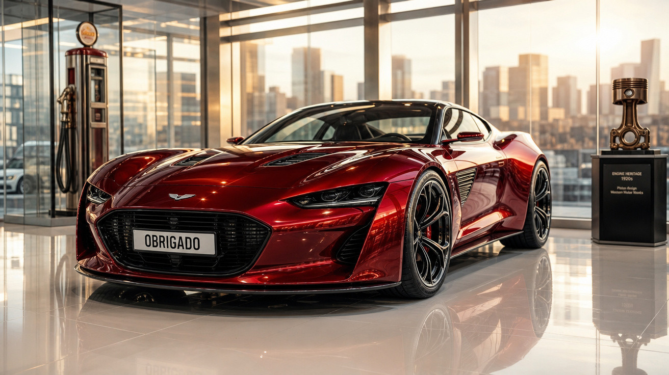 Carro esportivo vermelho brilhante em showroom com placa escrita obrigado e cidade ao fundo.