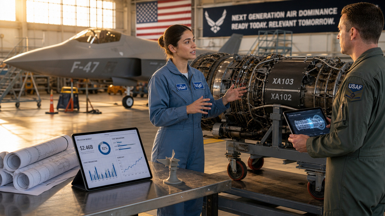 Duas pessoas com macacões da Força Aérea dos EUA discutem dados técnicos junto a um motor de avião em hangar.