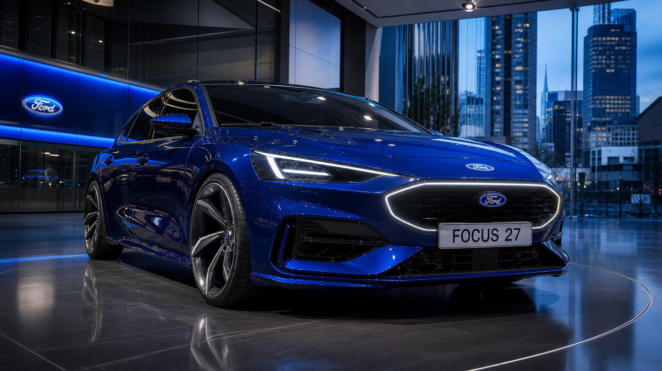 Carro azul Ford Focus 27 em showroom moderno com luzes de LED e edifícios ao fundo à noite.