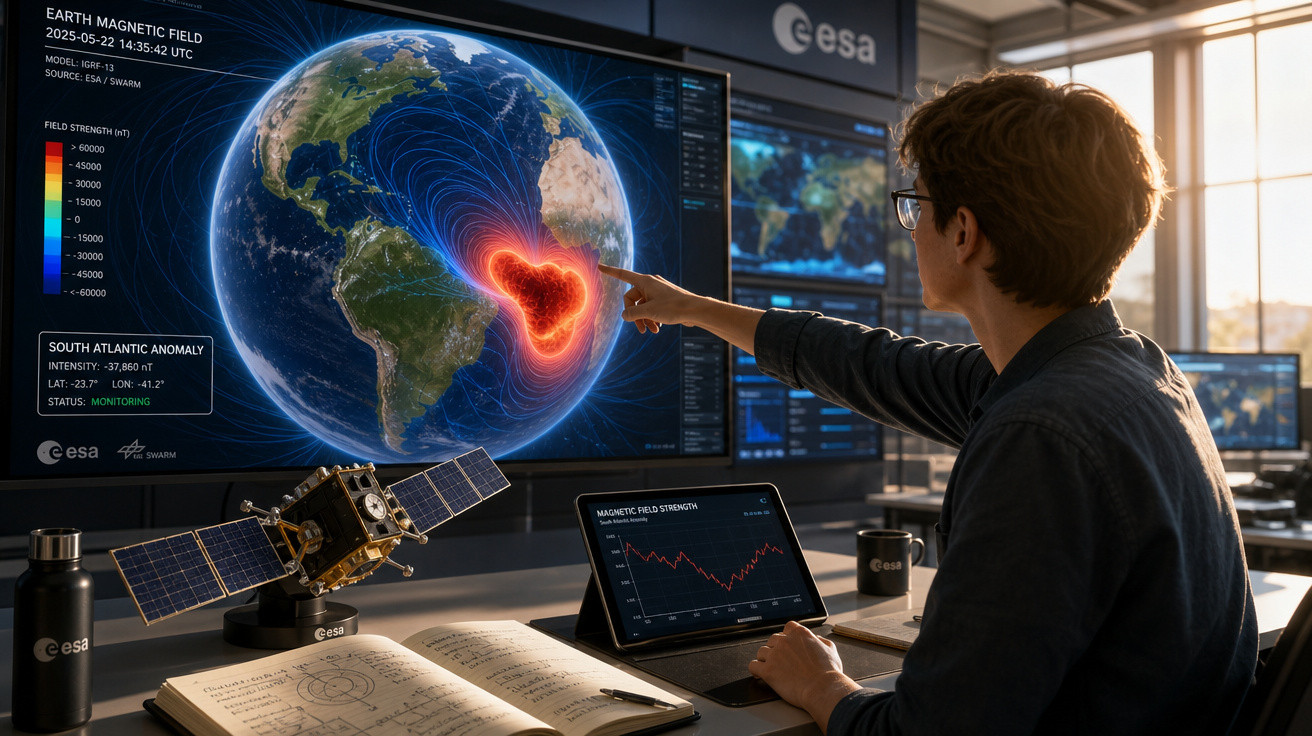 Pessoa em escritório da ESA analisa anomalia magnética na Terra mostrada em tela digital grande.