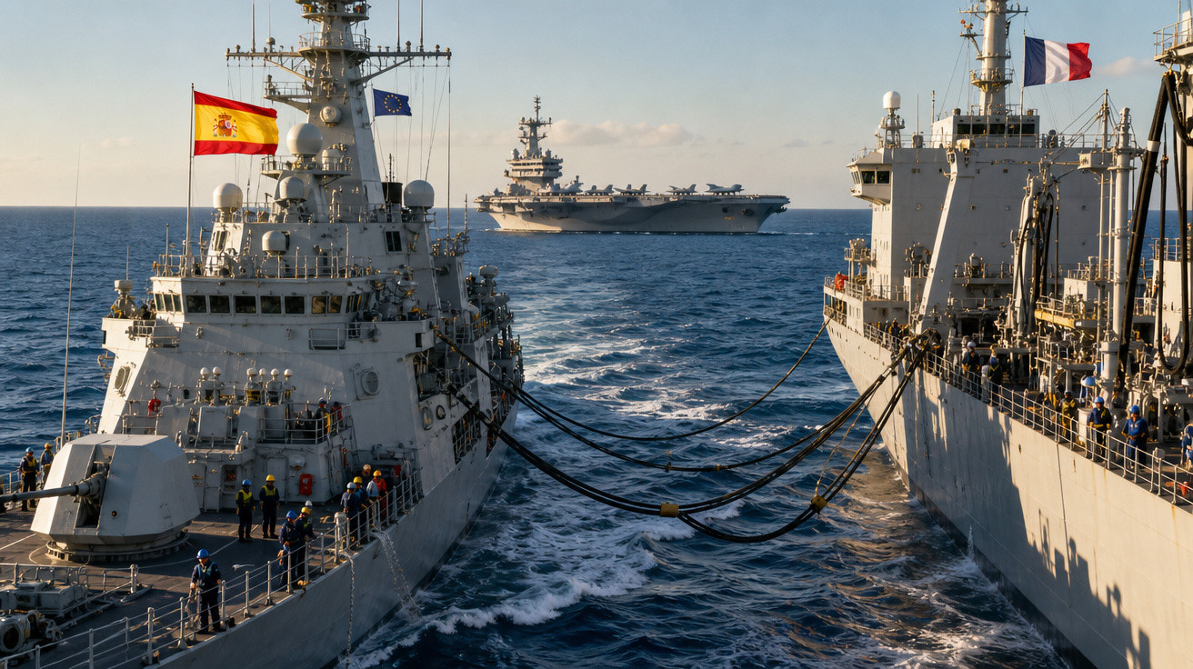 Navios de guerra com bandeiras da Espanha, França e União Europeia em operação no mar aberto.