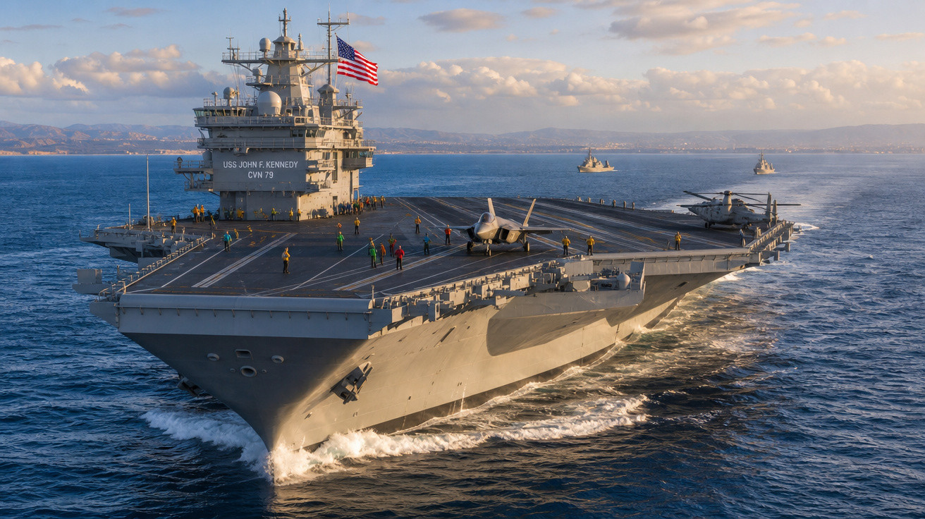 Porta-aviões USS John F. Kennedy navegando no mar com tripulação e aeronaves no convés.