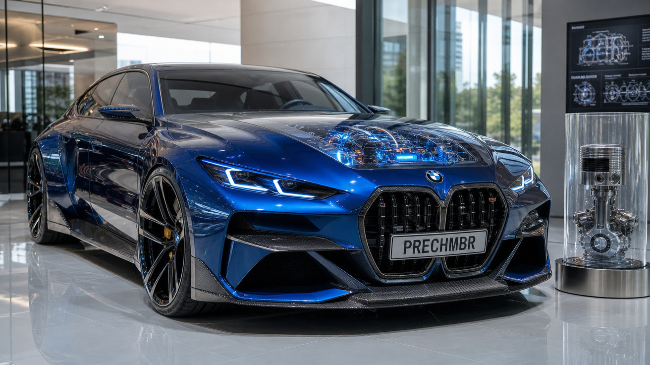 Carro esportivo azul BMW em showroom com motor exposto no capô e peça de motor ao lado.