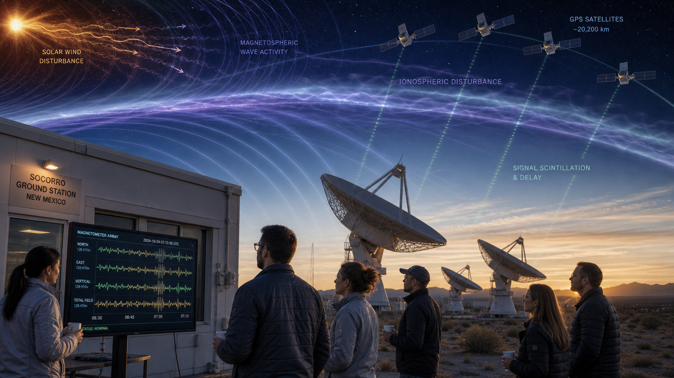 Pessoas observam estação terrestre e satélites monitorando distúrbios solares e ionosféricos ao entardecer.