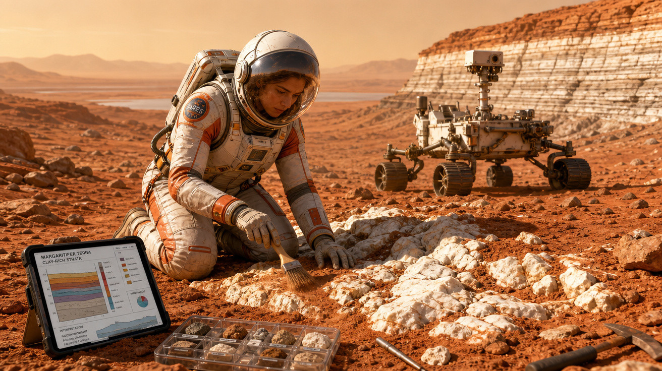 Astronauta examina amostras de rochas em solo avermelhado de Marte com rover ao fundo.