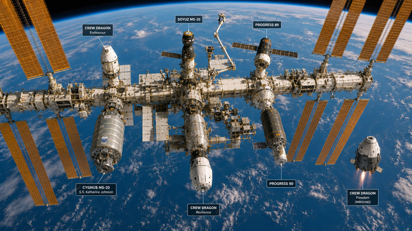 Estação Espacial Internacional em órbita da Terra com várias espaçonaves acopladas e em movimento.