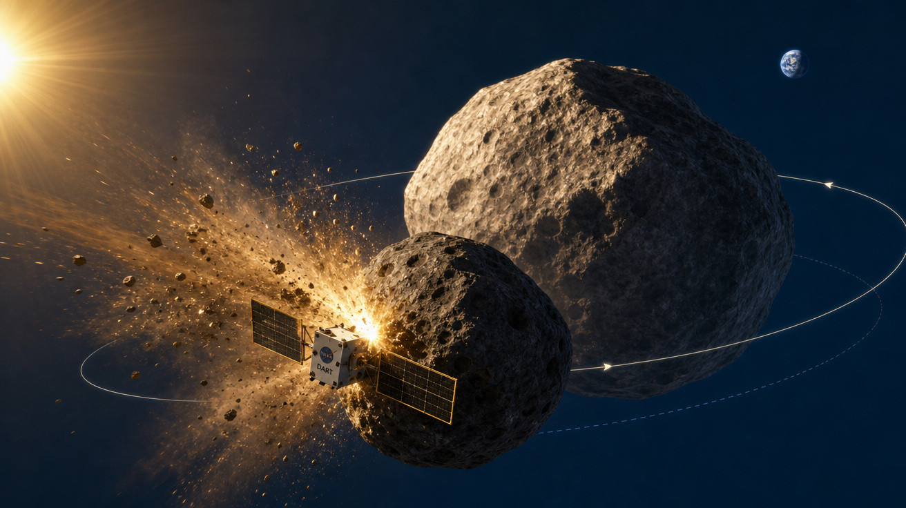 Impacto da sonda DART em asteroide para alterar rota, com o Sol e a Terra ao fundo no espaço.