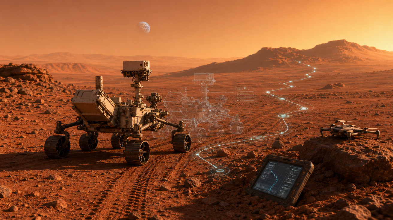 Rover explorando terreno marciano com planície, longa trilha, mesa de controle e céu alaranjado ao fundo.