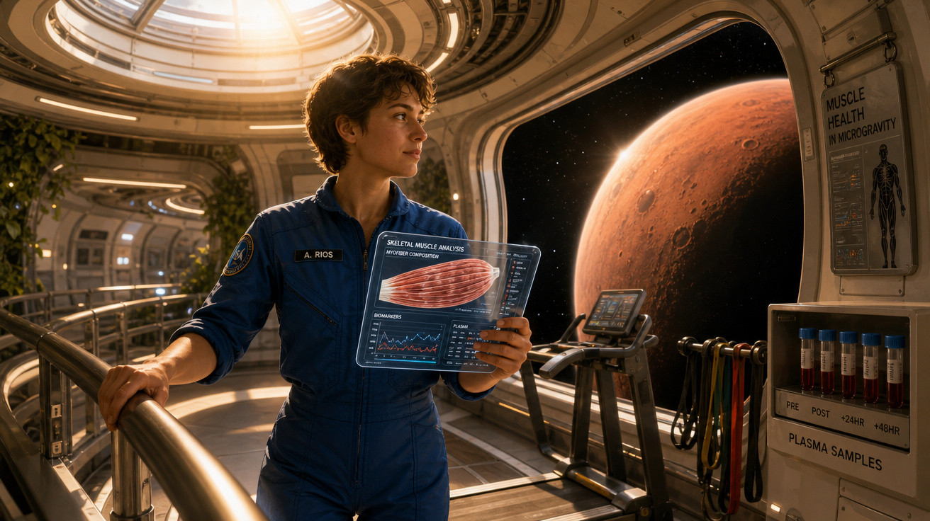 Astronauta em estação espacial observa planeta vermelho enquanto analisa dados holográficos sobre músculos.