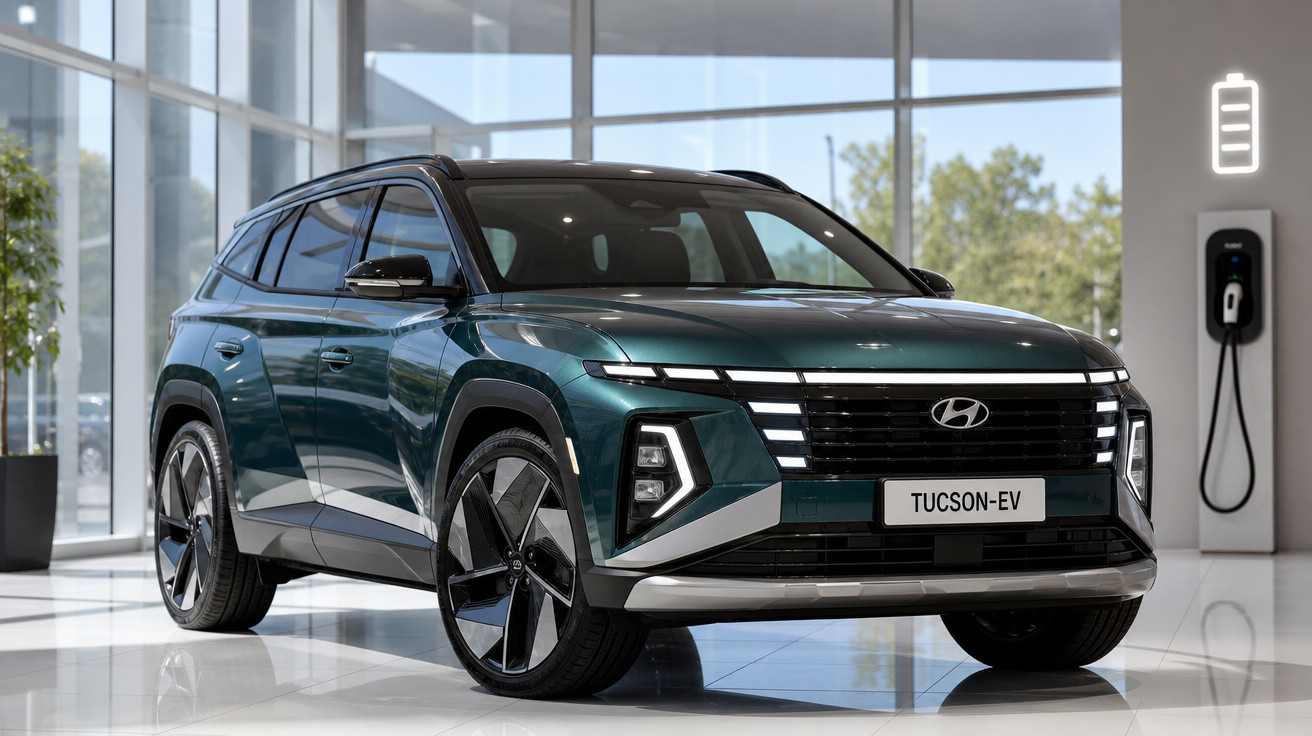 SUV elétrico Hyundai Tucson EV verde escuro em showroom com carregador ao fundo, luz natural entrando pelas janelas.