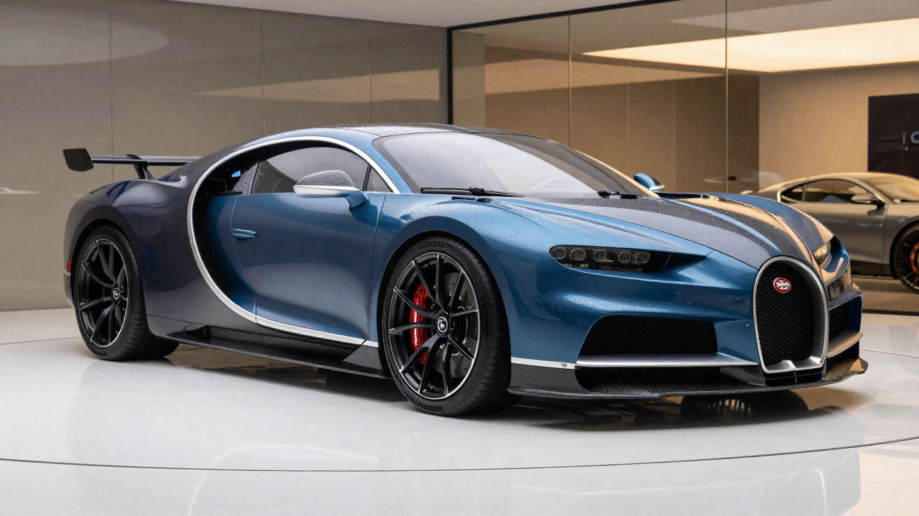Carro esportivo Bugatti Chiron azul em exposição dentro de showroom moderno e iluminado.