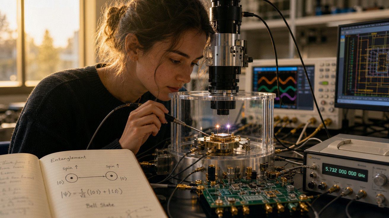 Mulher jovem usando equipamento científico em laboratório, analisando circuito eletrônico e anotações de física.