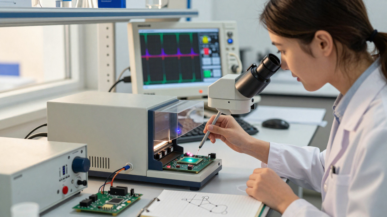 Mulher cientista usando microscópio para analisar componente eletrônico em laboratório tecnológico.