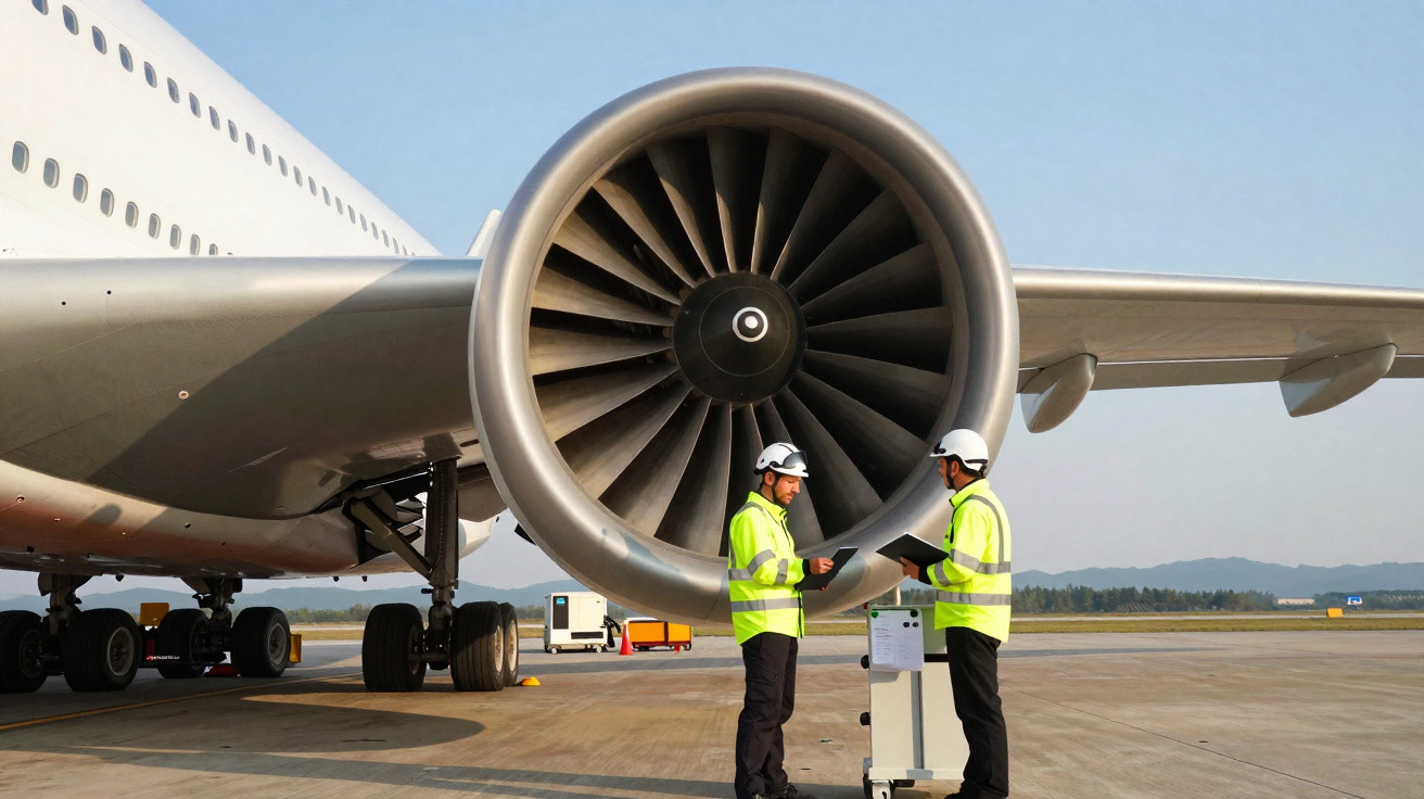 Dois trabalhadores com coletes de segurança e capacetes em frente à turbina de um avião na pista de aeroporto.