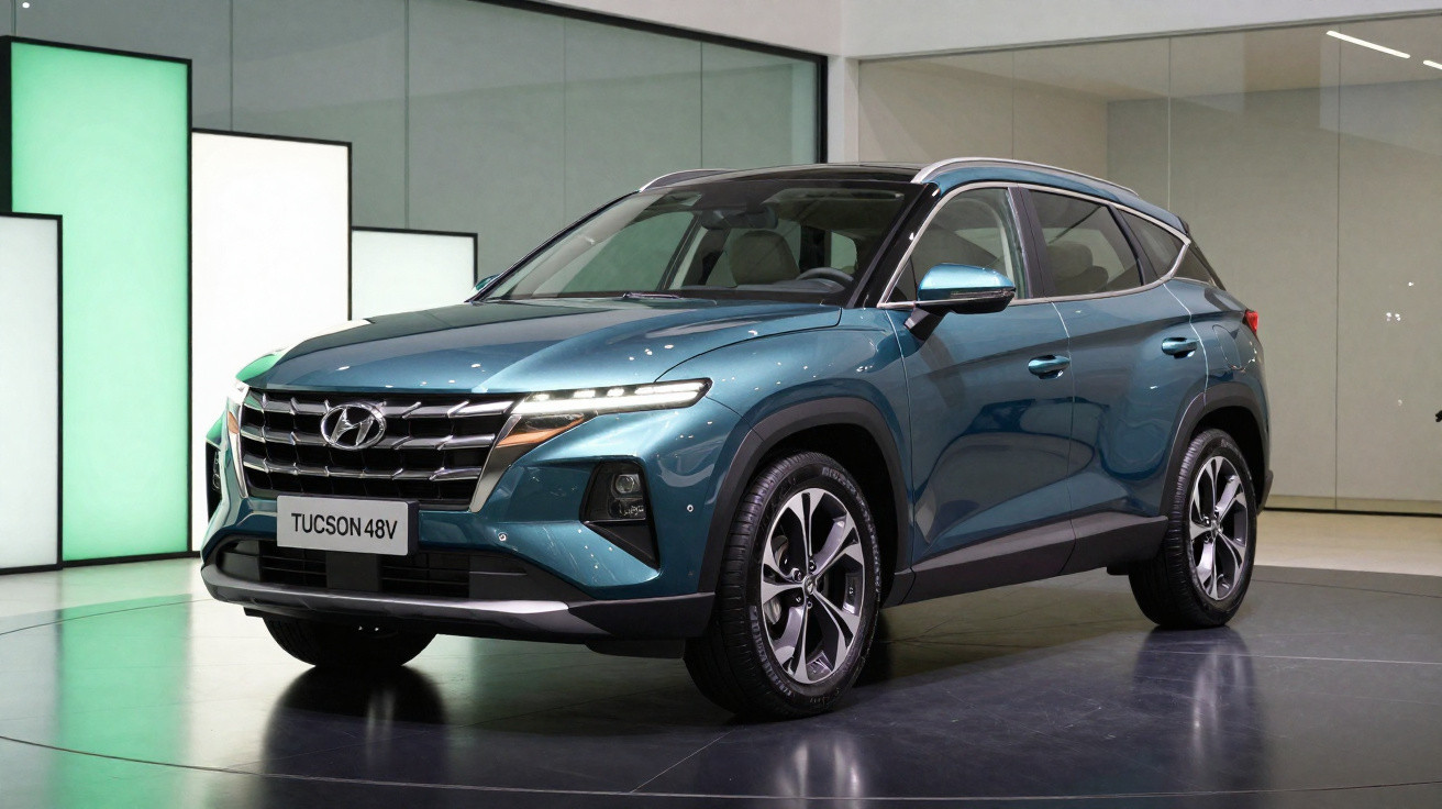 SUV Hyundai Tucson 48V azul metálico exibido em ambiente interno moderno.
