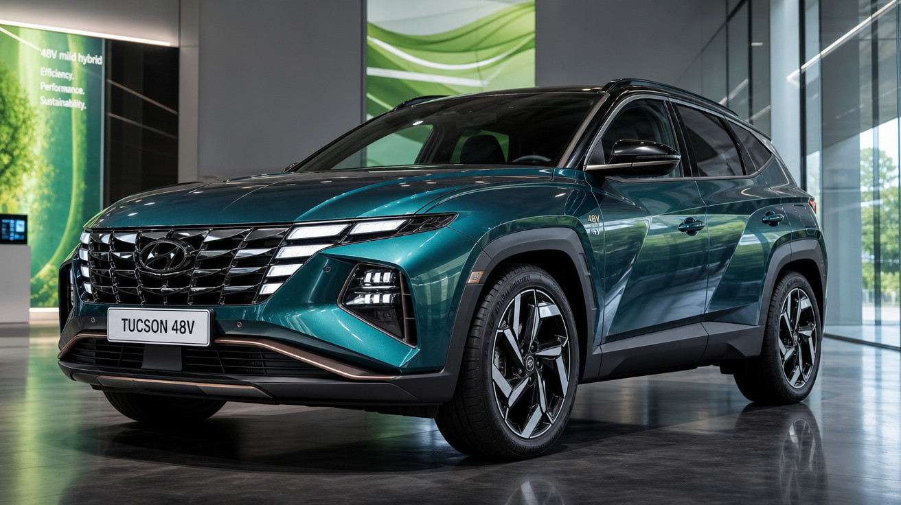 Carro SUV Hyundai Tucson 48V verde exposto em showroom moderno e iluminado.