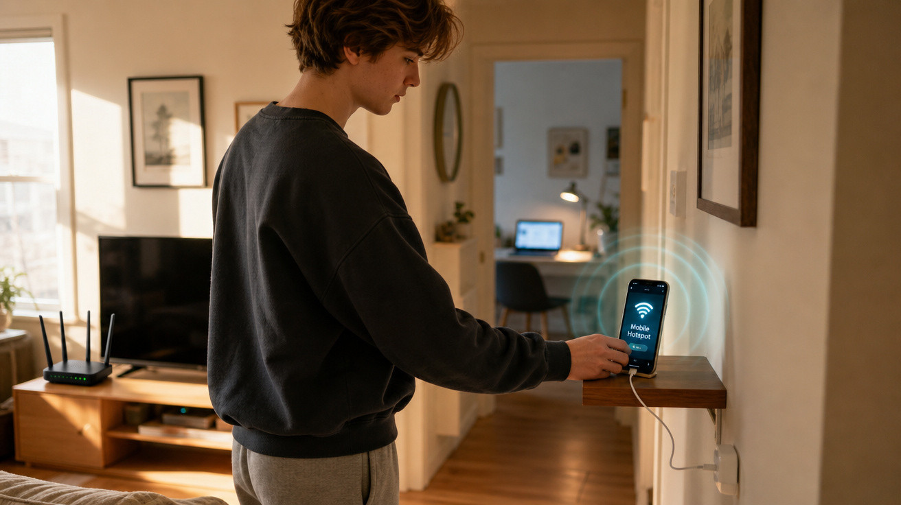 Jovem ativando hotspot móvel no celular conectado a carregador em casa iluminada pelo sol.