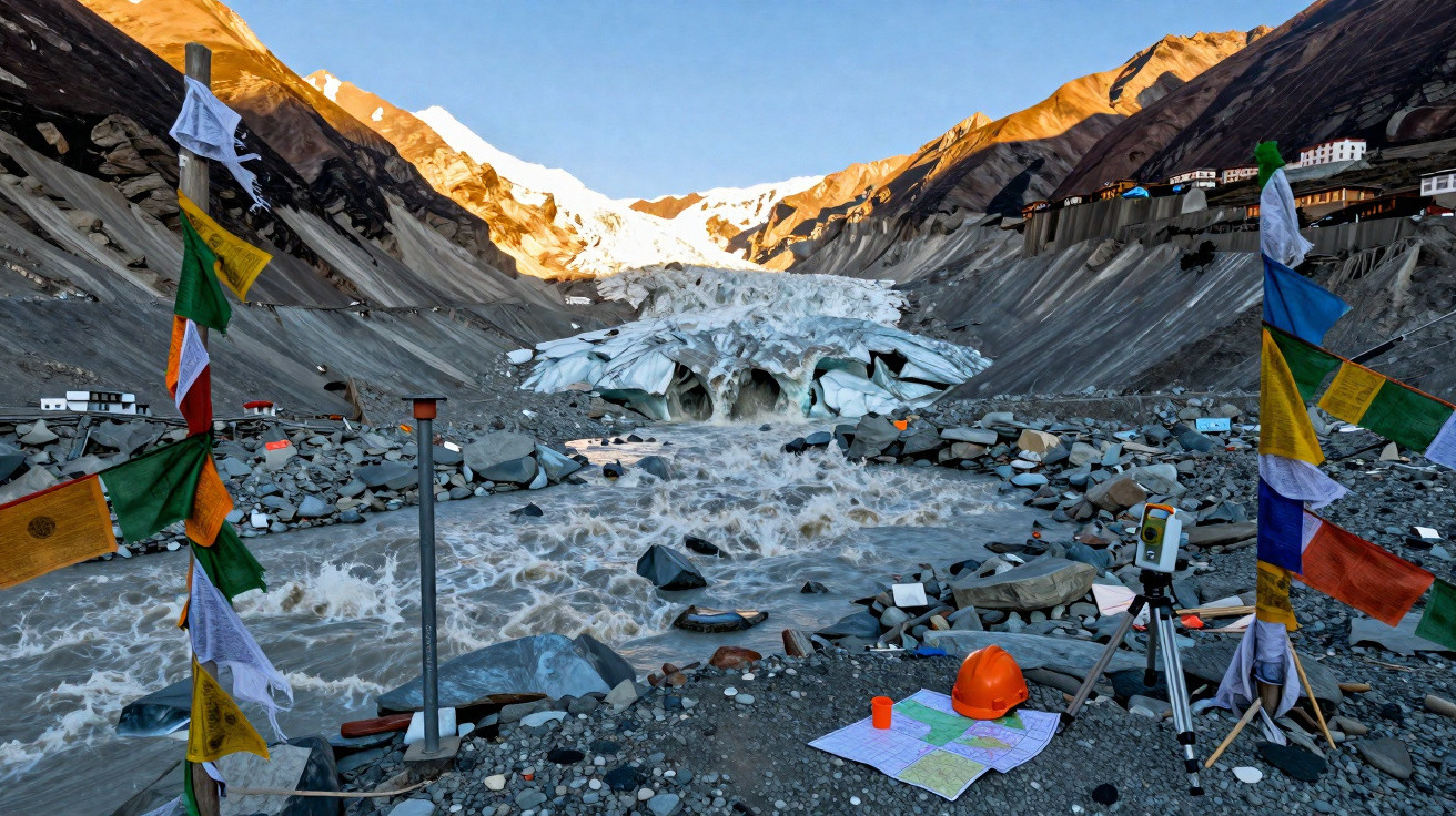 Glaciar derretendo em vale rochoso com rio turbulento e equipamentos de topografia ao redor.