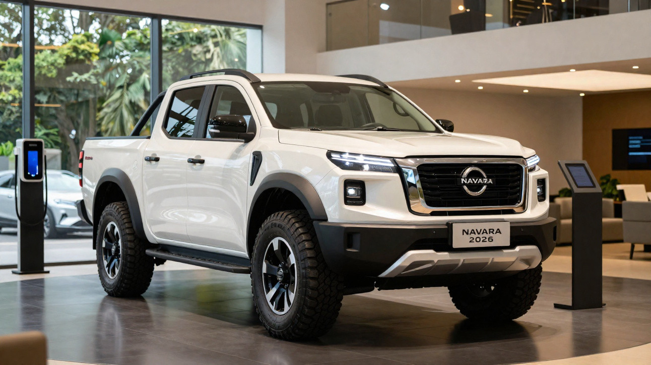 Picape branca Nissan Navara 2026 exibida em showroom moderno com iluminação natural.