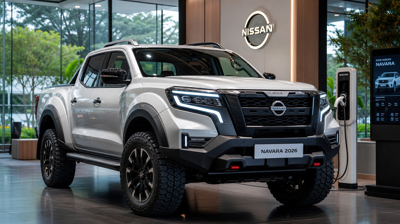 Picape Nissan Navara 2026 prata em showroom moderno com carregador elétrico ao lado.