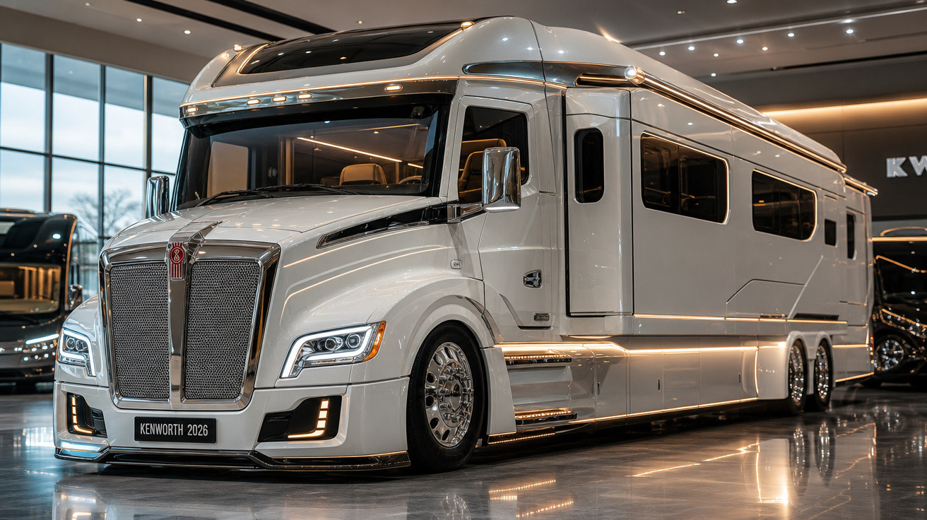 Caminhão Kenworth branco modelo 2026 exibido em salão com iluminação interna e externa ligada.