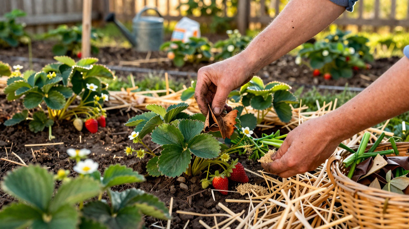 Mãos cuidando de plantações de morango em canteiro com folhas secas e morangos vermelhos maduros.