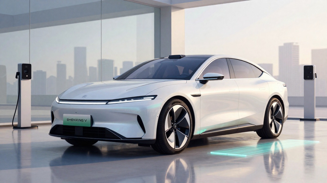 Carro elétrico branco estacionado em ambiente moderno com postes de recarga e cenário urbano ao fundo.