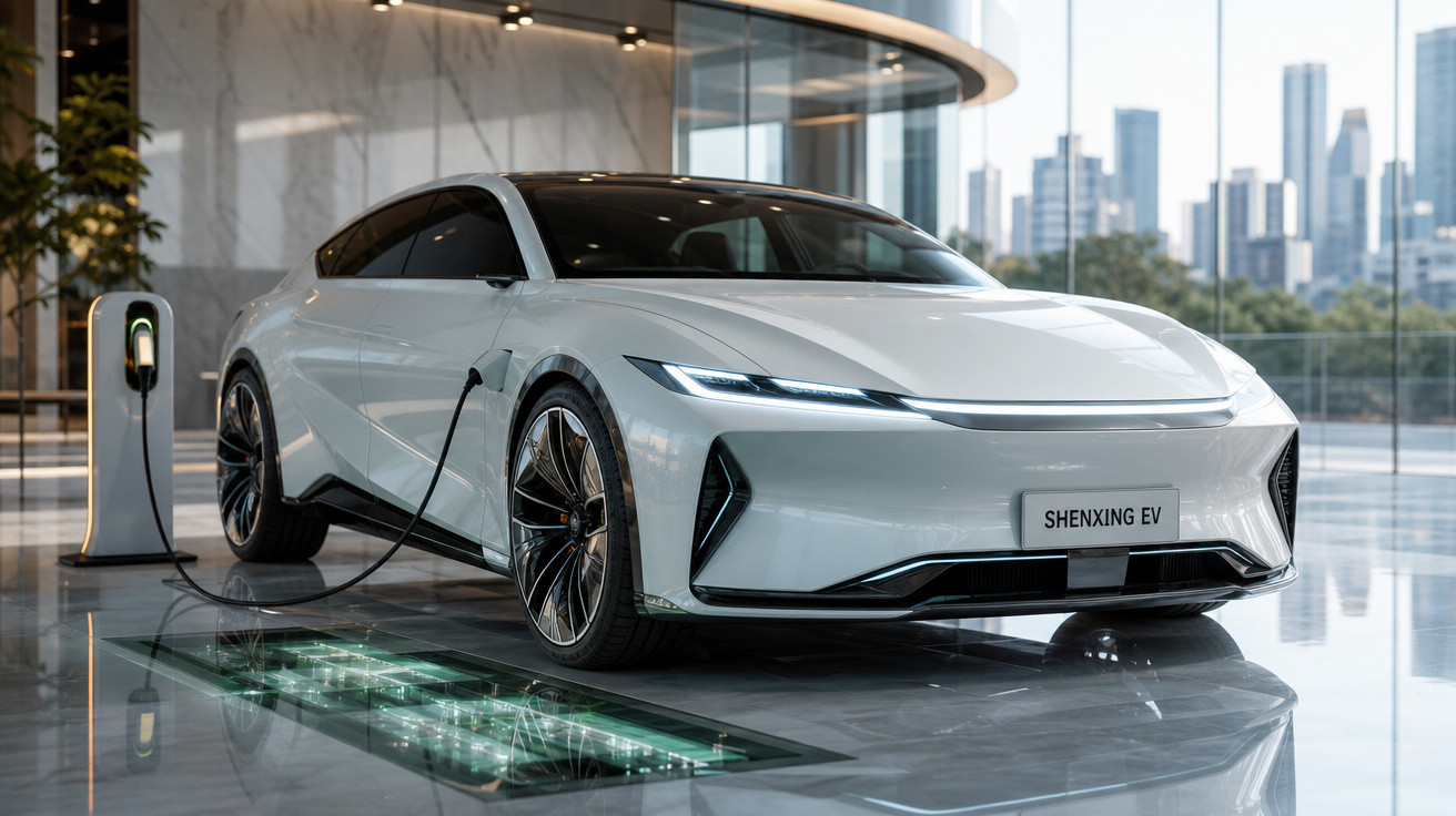 Carro elétrico branco moderno sendo carregado em estação de recarga dentro de showroom luxuoso e futurista.