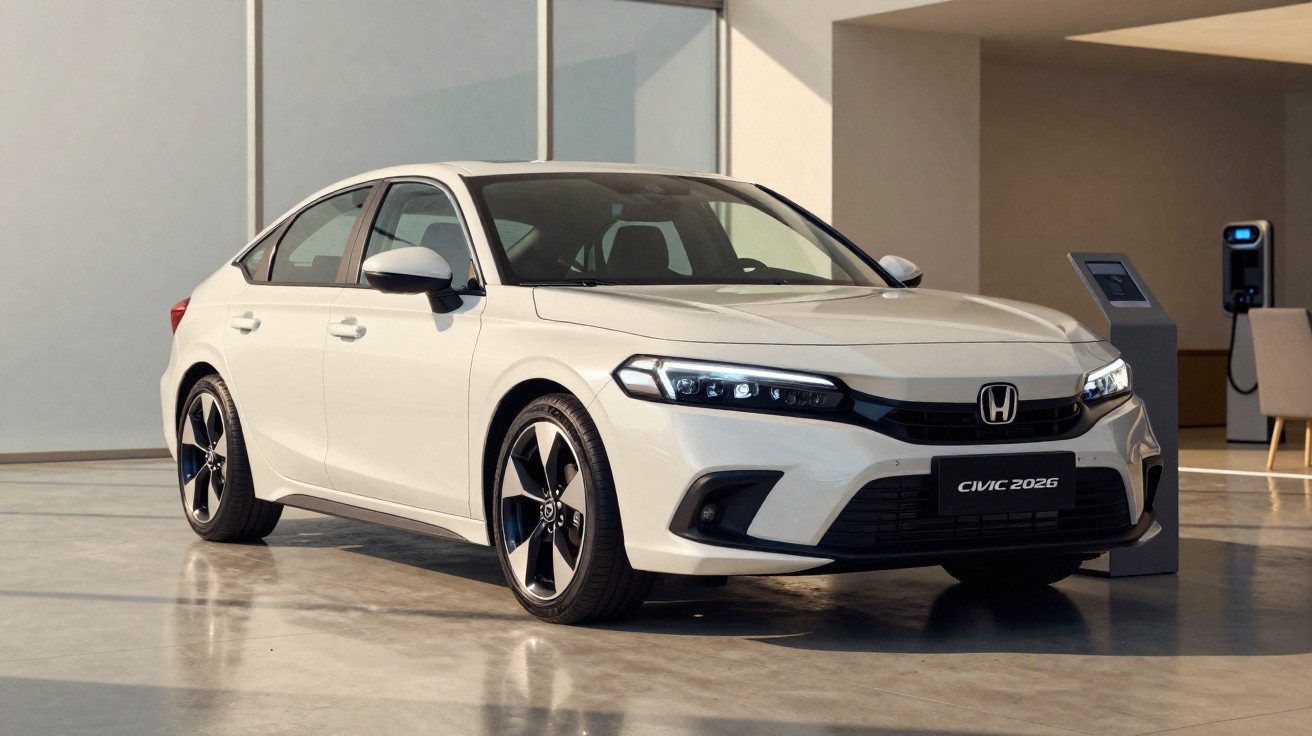 Carro branco Honda Civic 2026 estacionado em ambiente interno com carregador elétrico ao fundo.
