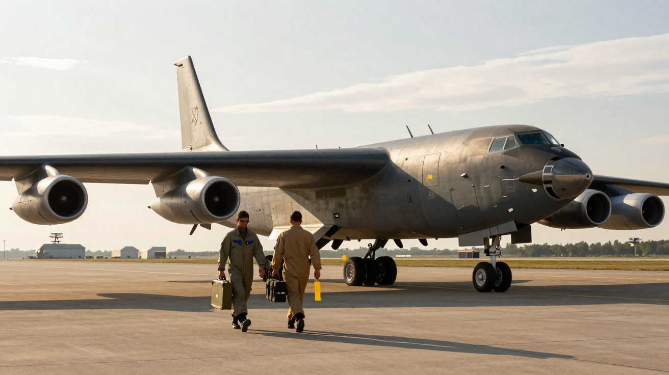 Dois pilotos caminhando perto de um avião militar estacionado em pista sob céu claro.