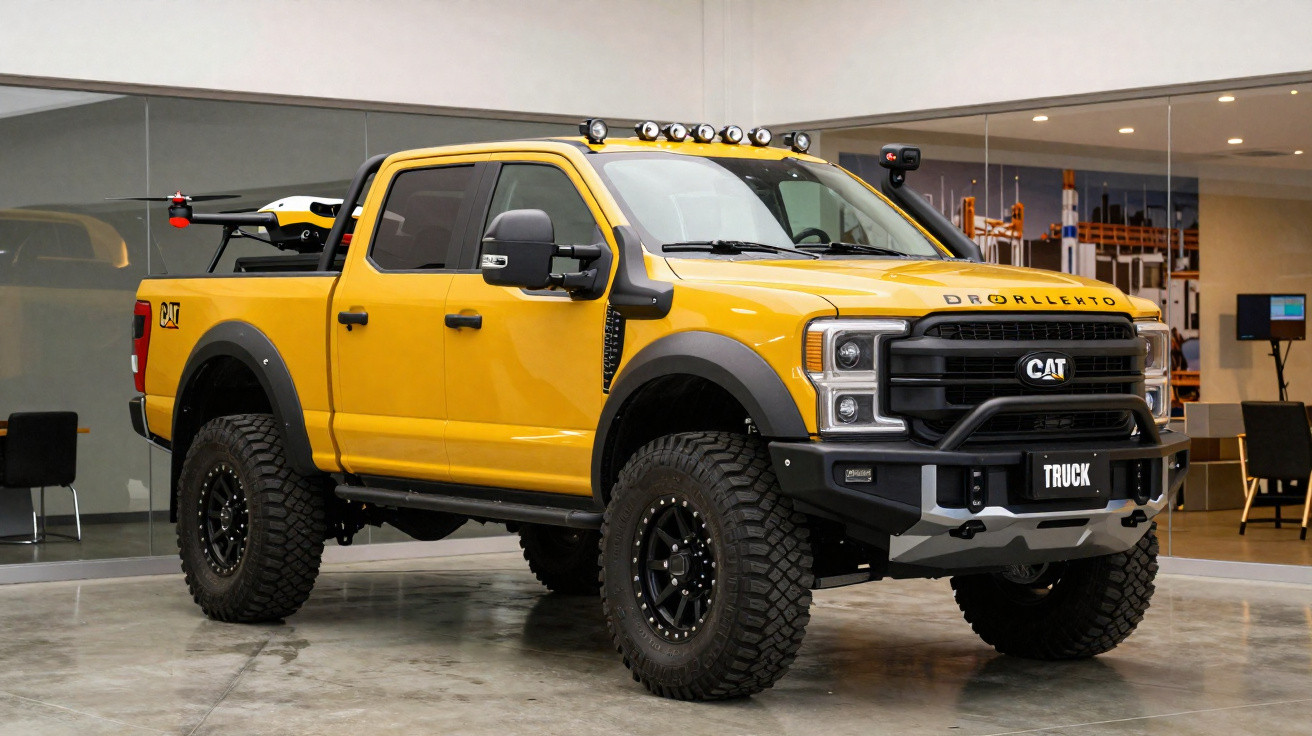 Picape amarela robusta da marca CAT exposta em ambiente interno, com pneus grandes e acessórios off-road.