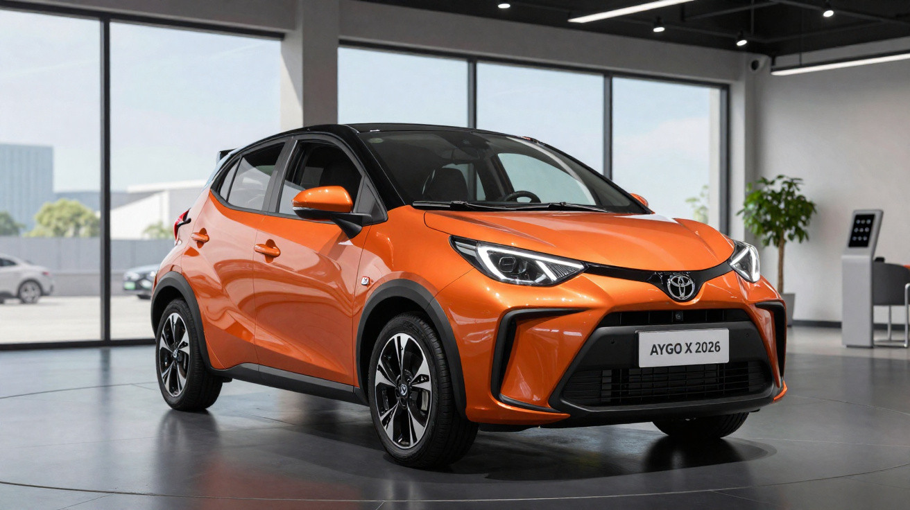 Carro Toyota Aygo X 2026 laranja exibido em showroom moderno com janelas grandes.