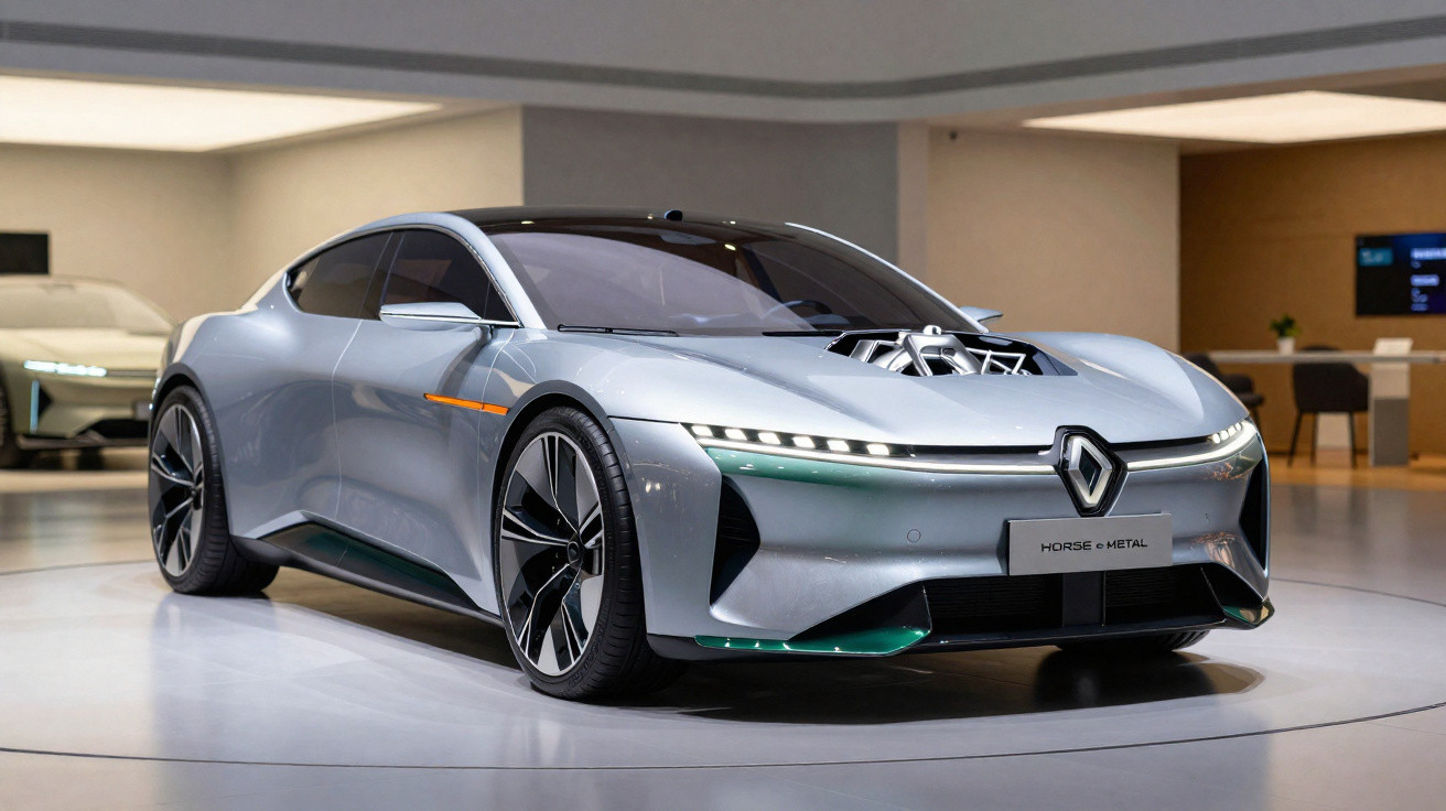 Carro esportivo elétrico cinza prateado Renault com design futurista em exposição interna.