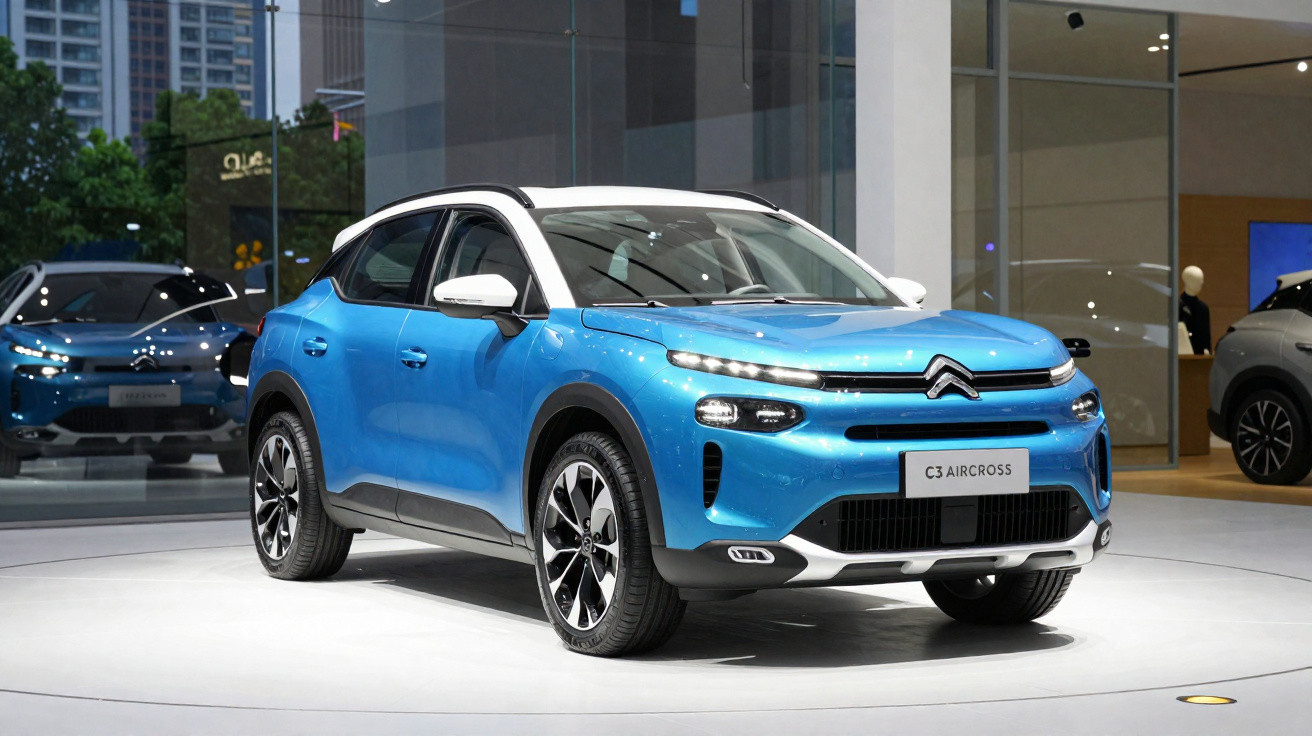 SUV Citroën C3 Aircross azul em exposição dentro de showroom moderno.