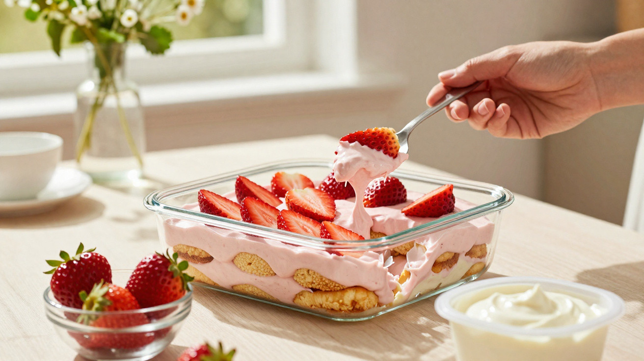 Sobremesa de morango com creme rosa e biscoitos em tigela de vidro, mão segurando colher com morango.