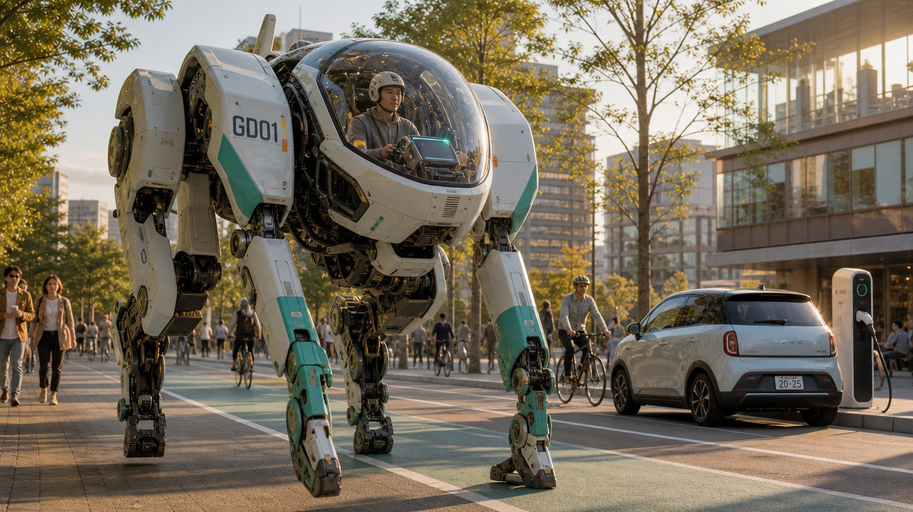 Pessoa pilotando robô gigante com design futurista em uma rua movimentada de cidade moderna ao entardecer.