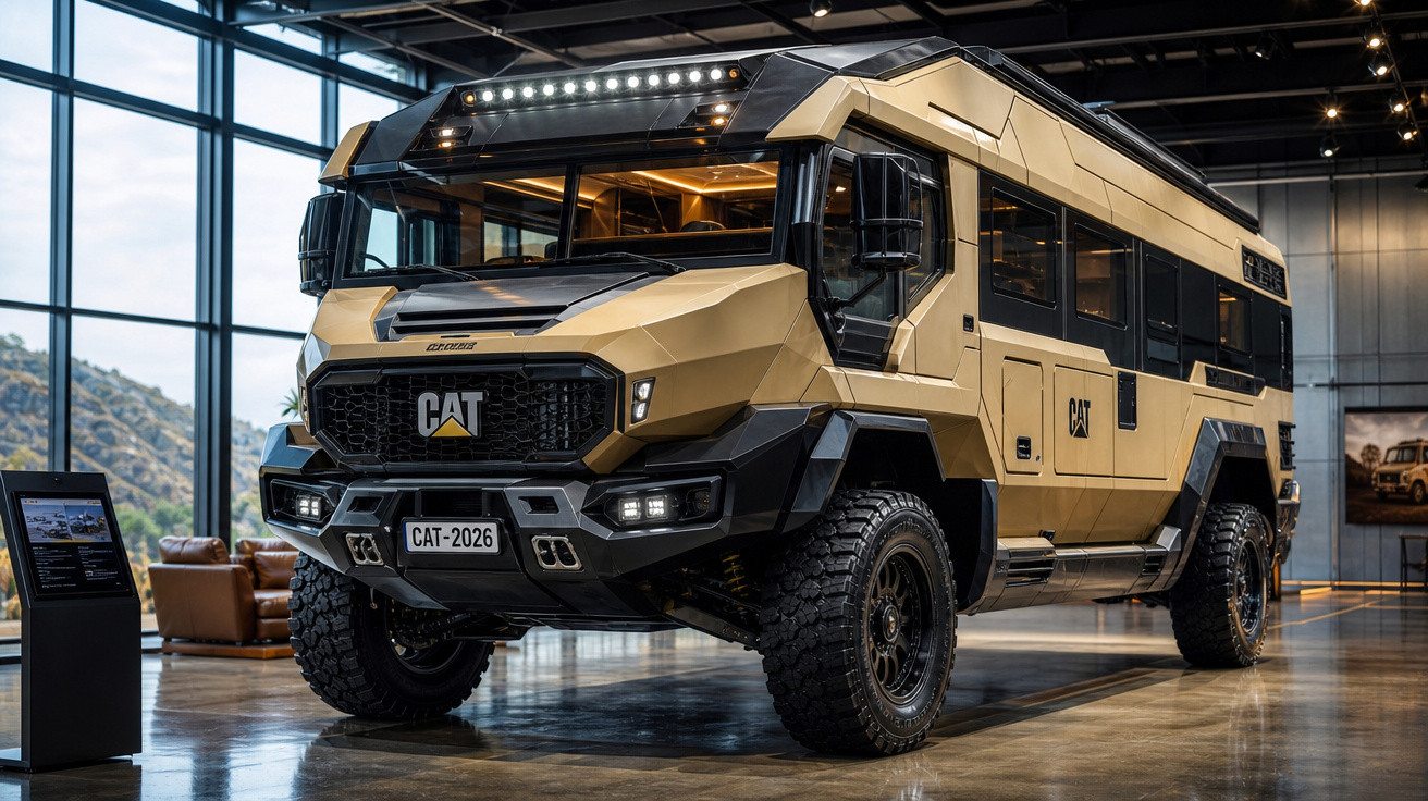 Veículo off-road robusto CAT dourado exposto em showroom moderno com vidros grandes e móveis ao fundo.