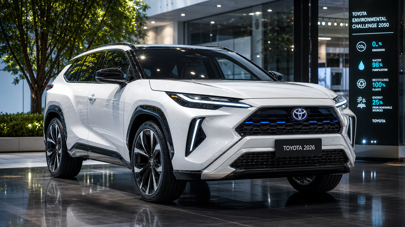 Carro SUV branco moderno da Toyota exibido em showroom com placa Toyota 2026 e painel informativo ambiental.