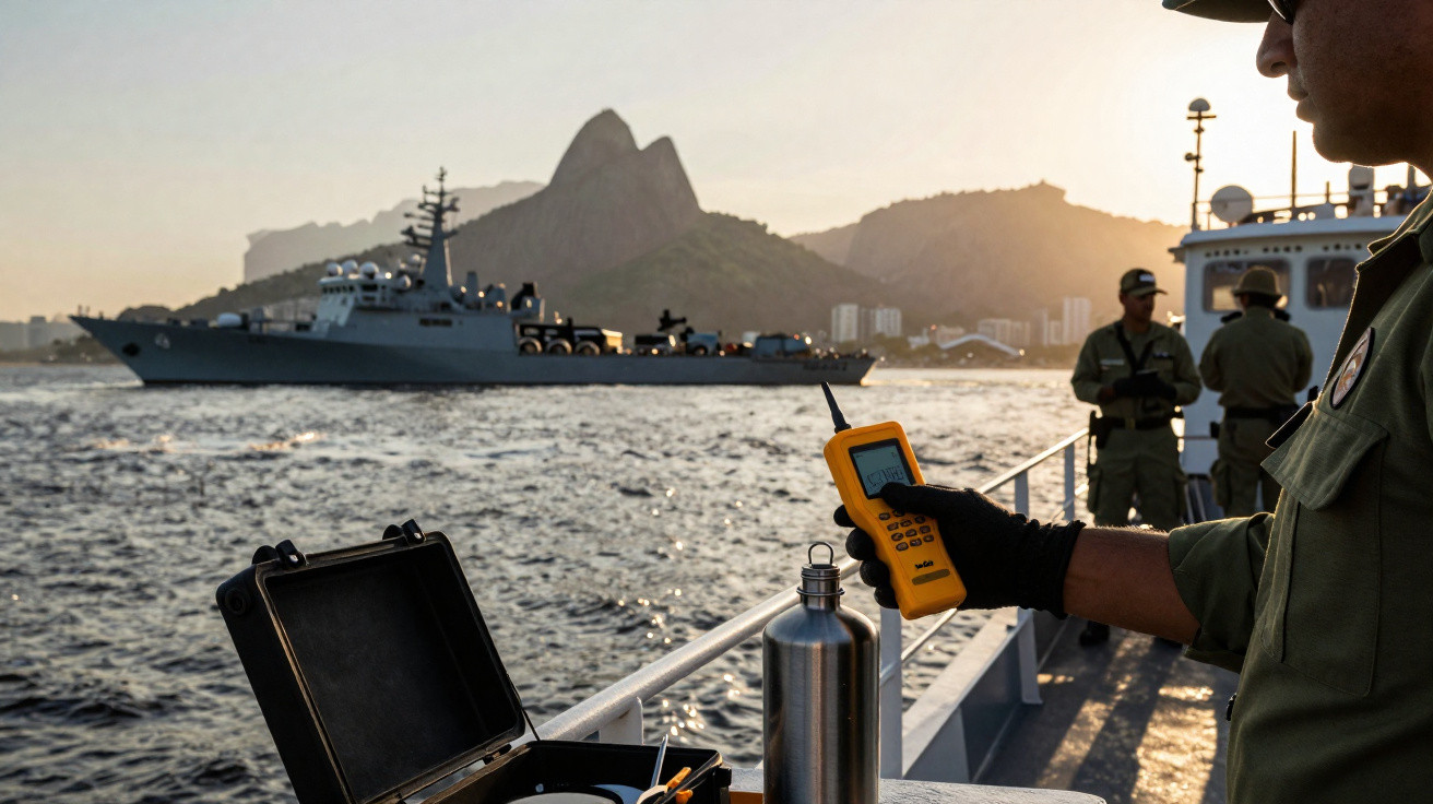 Marinha brasileira em ação no mar com navio, homens fardados e rádio comunicador no pôr do sol.