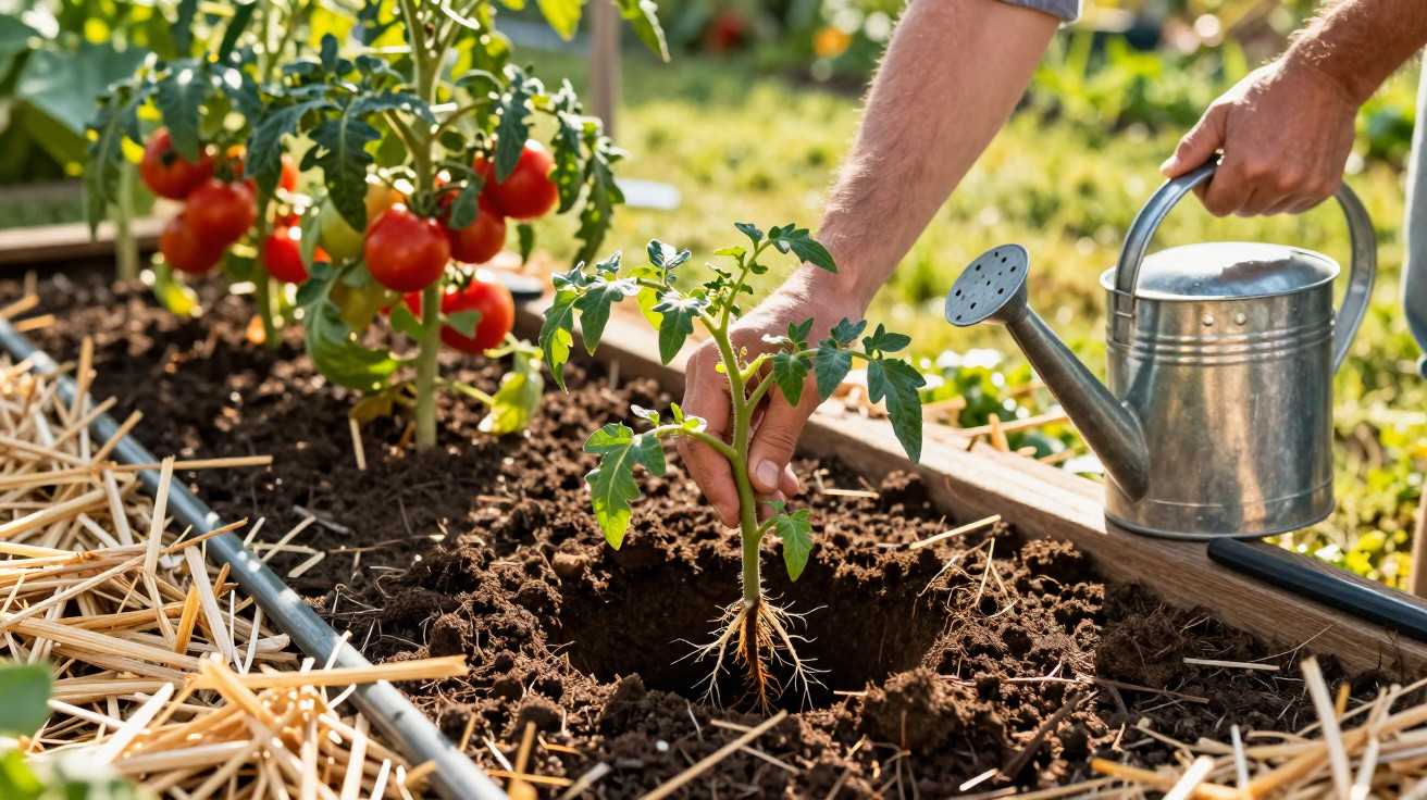 Pessoa plantando muda de tomate no solo com regador ao lado em horta ensolarada.