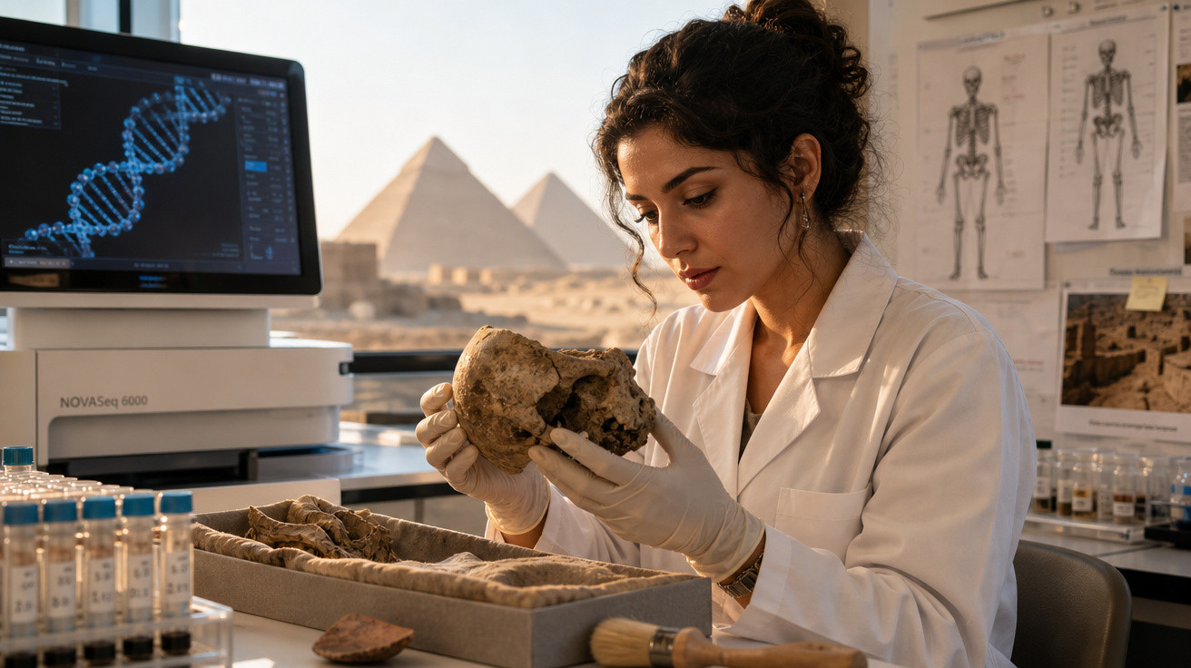 Mulher cientista analisa crânio antigo em laboratório com pirâmides ao fundo.