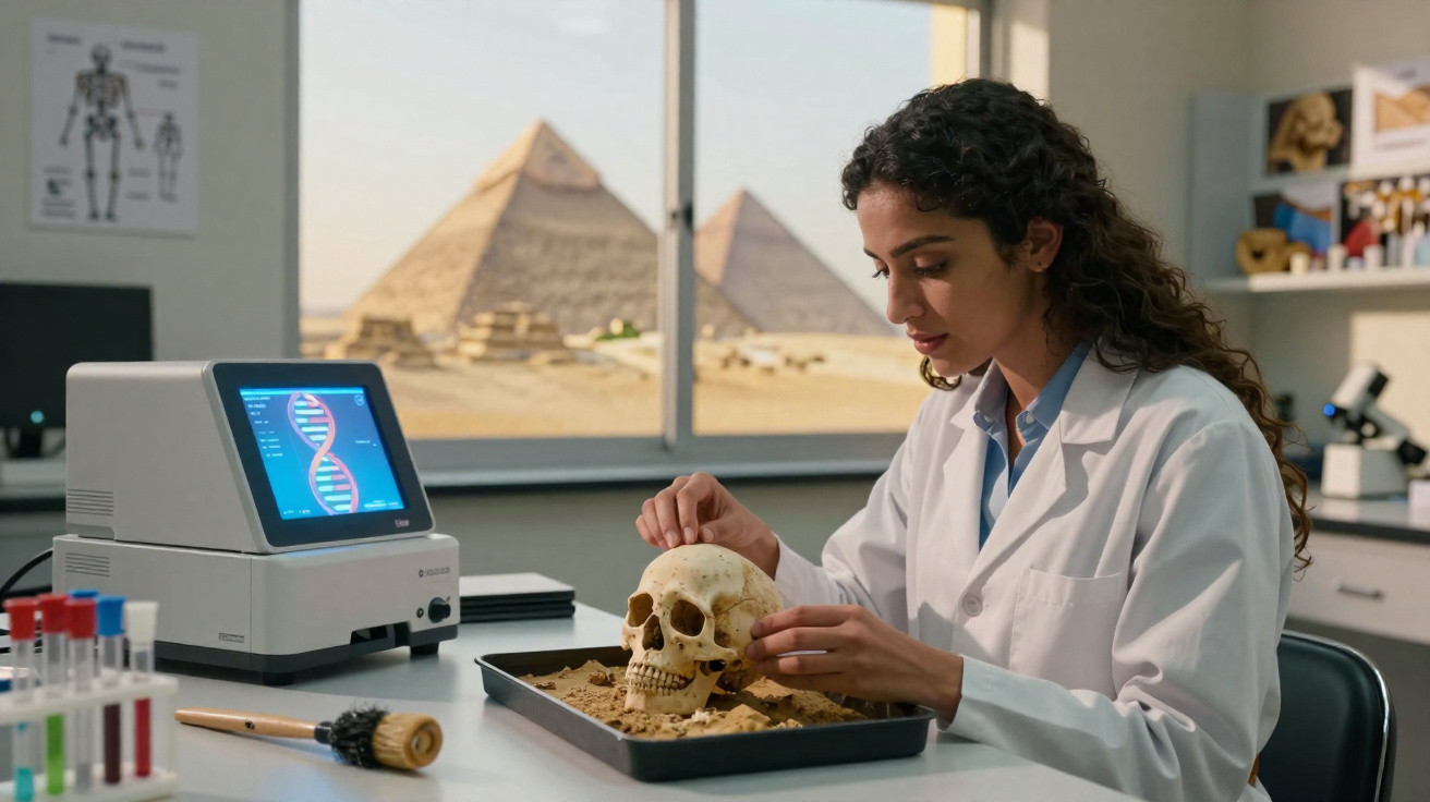 Pesquisadora em laboratório arqueológico analisando crânio humano com pirâmides do Egito ao fundo.