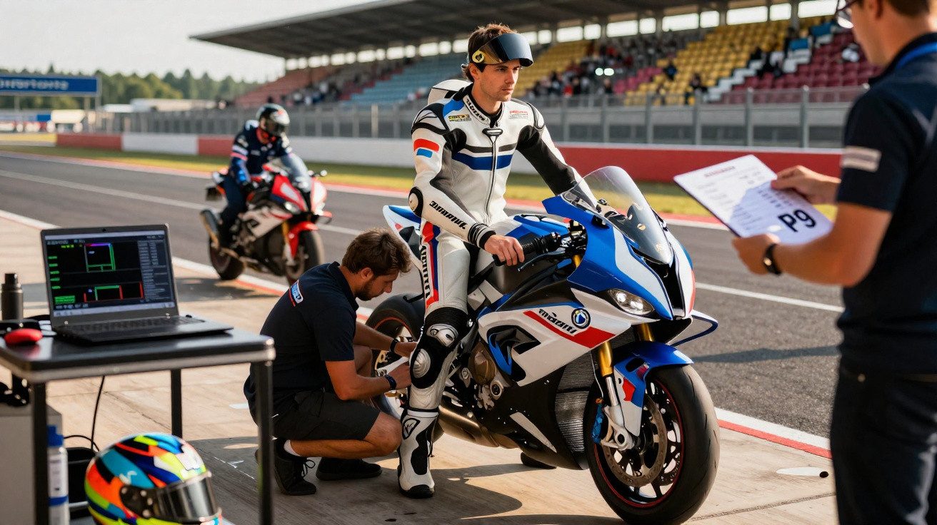 Piloto de corrida em moto azul e branca sendo ajustada por equipe em pista de corrida.