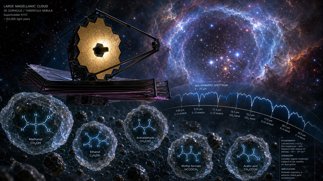Telescópio espacial analisando moléculas orgânicas próximas à nebulosa Tarântula na Grande Nuvem de Magalhães.
