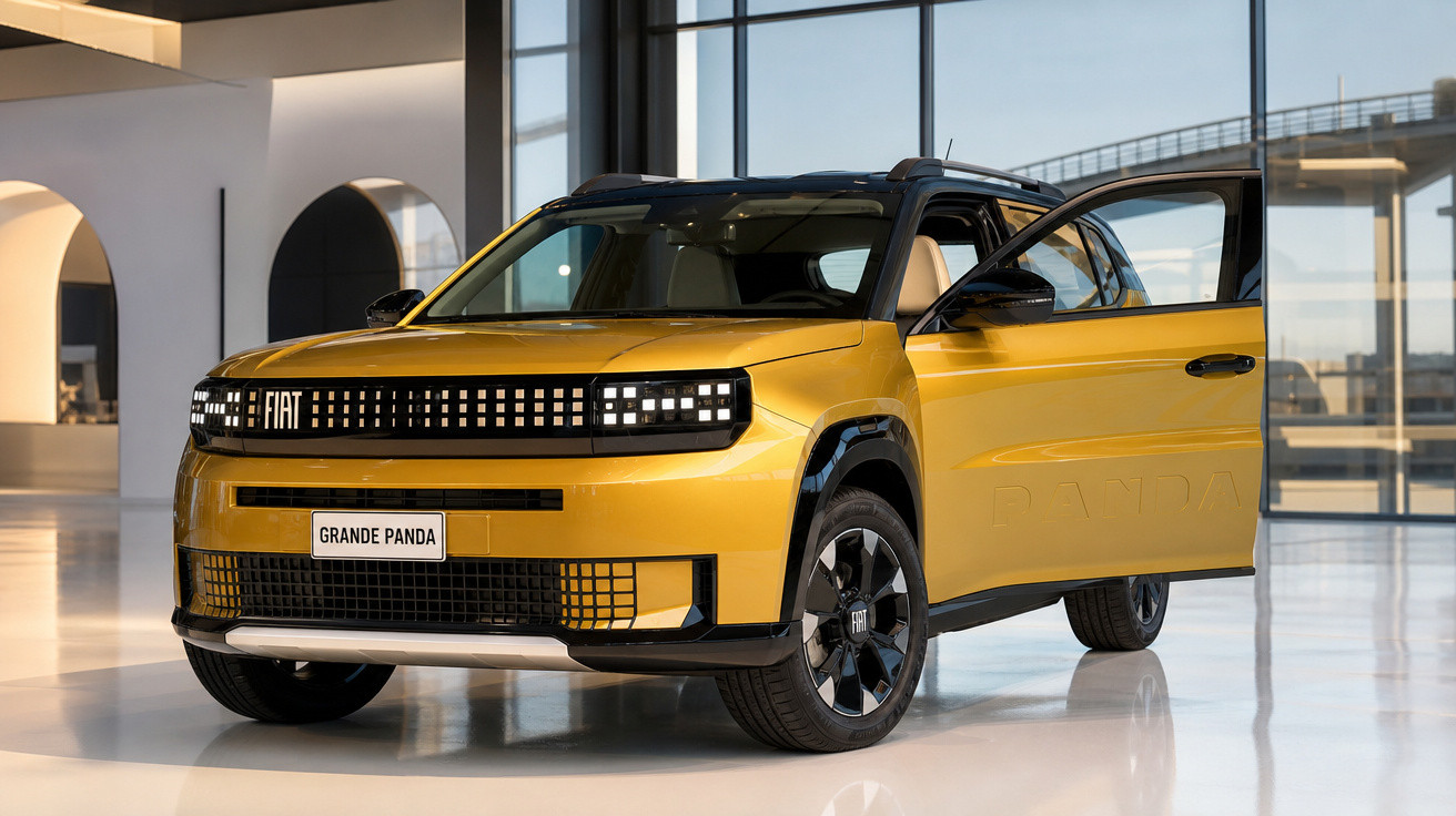 Carro Fiat Grande Panda amarelo com porta traseira aberta em ambiente moderno e iluminado.