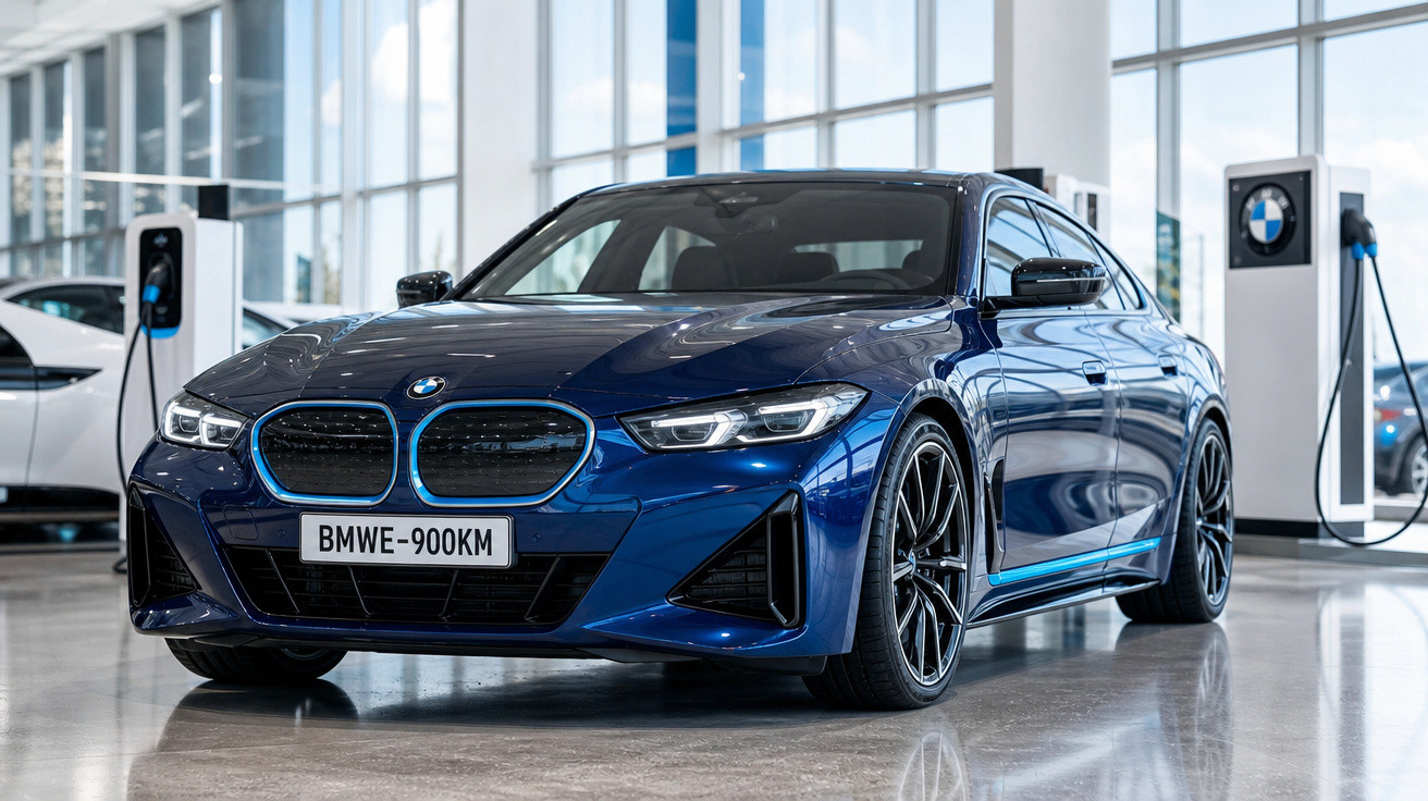 Carro elétrico BMW azul exibido em showroom moderno com carregador elétrico ao fundo.